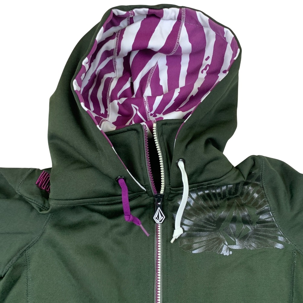 Volcom Vodder‎ Long Hydro Pullover Green Half Zip Hoodie Zebra Print Hood Small